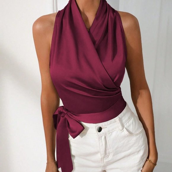 Burgundy Preppy Womens Solid Knot Side Wrap Satin Blouse - Picture 3 of 5